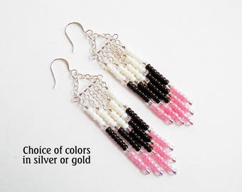 Seed Bead Dangle Earrings - Long Bead Fringe Earrings - Chevron Chandelier Earrings - Tricolor Earrings - Design Your Own - Silver or Gold
