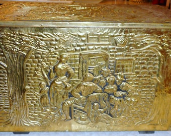 Antique Embossed Tinder Box - Wood Lined - Hammered - Copper/Brass with English Scenes - Beer Garden