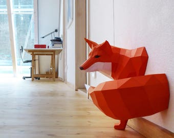 Little Fox Design Sculpture, DIY, Paperwolf kit geometric fox sculpture, cut and perforated pieces for convenient assembly