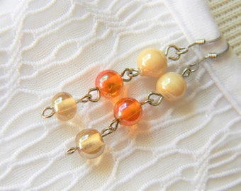 Cream Yellow Clear Glass Bead Earrings, Dangly Sparkly Earrings Two Inches Long, Small Round Beads, Sterling Silver Ear Wires, for Autumn