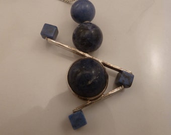 Vintage Sterling Lapis Modernist Pendant Necklace.