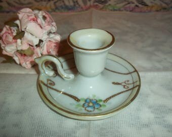 Vintage Dainty Blue Floral Chamber Candle Holder w Gold Beading Trim Victorian Style Shabby Chic Sweet Finger Candle Holder