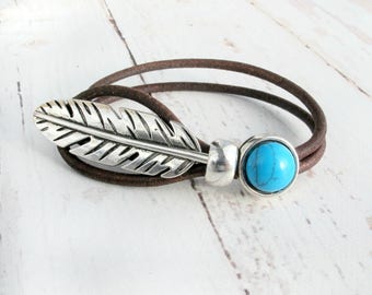 Boho Jewelry-Boho Bracelet-Leather Cuff Bracelet for Women-Turquoise Bracelet-Feather Bracelet-Gift For Her-Bohemian Turquoise Bracelet