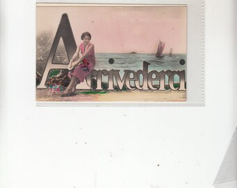 Circa 1942 Itaslian Postcard Pretty Woman "ARRIVERDERCI" Big Alphabet Letters-Unused