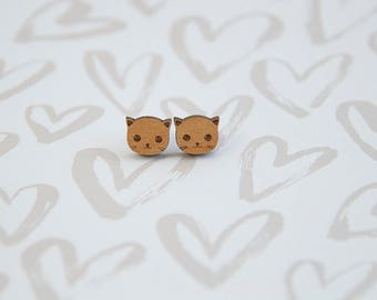 Wooden Cat Earrings - Stud Earrings - Wood - Lasercut - Cat Lover Earrings.