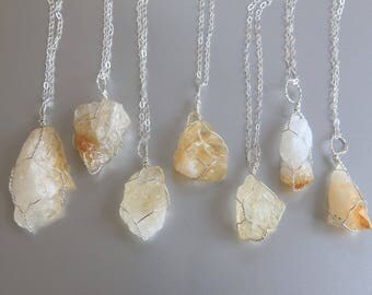 Raw Citrine Necklace, November Birthstone, Wire Wrapped, Healing Crystal, Raw Crystal Jewelry, Boho Necklace