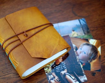 Leather Photo Album Yellow sunny, Rustic Vintage Style, Handmade Bound, Handmade paint, 144 photos 4" x 6", Original