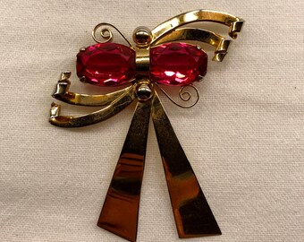 Vintage Sterling Vermeil Rinestone Bow Brooch