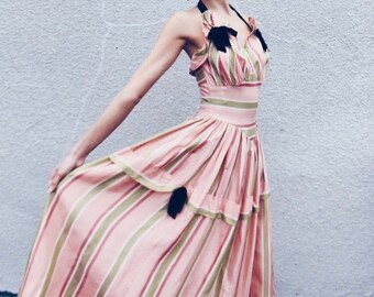 Soirée Rosé Gown | 1940s Vintage Pink + Green Striped Taffeta Halter Dress with Black Velvet Bows | Size XXS/XS