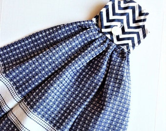 Navy Blue Hanging Towel, Blue Kitchen Decor, Button Flap Towel, Kitchen Tea Towel, Kitchen Tie Towel, Oven Door, Chevron Decor, Hand Towel