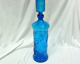 Italian Art Glass Decanter, Vintage Wine Decanter, Blue Italian Art Glass, Fruit Motif Decanter, Floor Decanter, Mid Century Modern Glass
