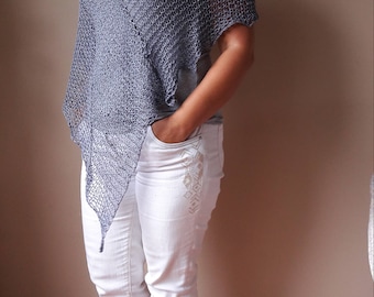 Poncho Hand Knitted Shawl Capelet Shrug Gray Cotton Loose Knit Summer Poncho