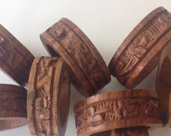 Set 7 sheesham wood hand carved napkin rings holders vintage India