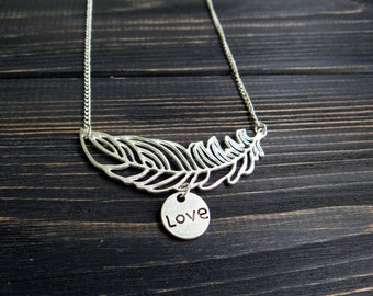 Inspirational necklace feather necklace love necklace long boho necklace inspirational jewelry birthday gifts/for/her personalized jewelry