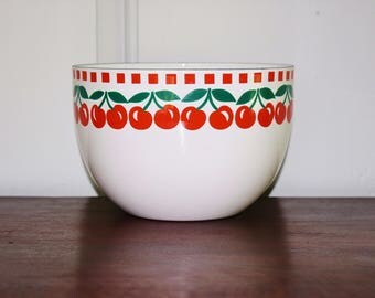 Arabia Cherries Enamel Bowl, Kaj Franck Finland Red Cherries White 8 Inch Enamelware Bowl, Vintage Kitchen, Scandinavian, Finel Hackman