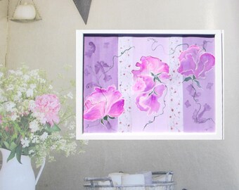 Peinture originale, fleurs sur papier dans cadre blanc 33x43 cm "Pois de senteur" tons mauves, blancs, roses