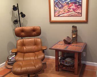SELIG LOUNGE CHAIR / Ottoman Mid-Century Modern Vintage 60s, Vinyl (could be leather ?)Original Lable,Carmel & Walnut. Mint " Father's Day!"