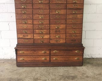 Antique Oak 40 Drawer Lawyers RIVAL File Cabinet , Apothecary , Parts Bin, Pharmacy, Storage Bin, Wood Cabinet