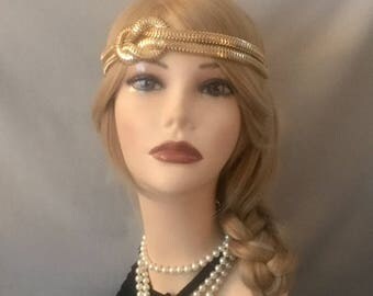1920's inspired gold grecian medusa costume chain knot flapper headband 20s art deco 1920s gatsby goddess headpiece head piece elastic