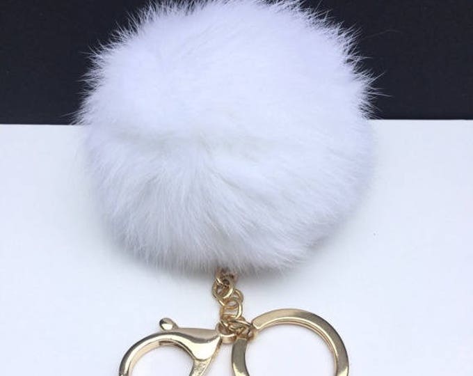 DIY Customized White Real Genuine Rabbit fur pom pom keychain puff ball charm keyring