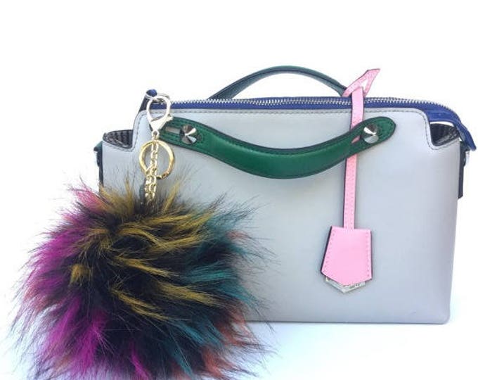 NEW! Faux Fox multicolor Fur Pom Pom bag Keyring Hot Couture Novelty keychain pom pom fake fur puff keyring
