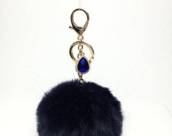 NEW! Faux Rabbit Fur Pom Pom bag Keyring keychain artificial fur puff ball in Navy Crystals Collection