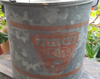 Galvanized minnow bucket/Falls City the angler's choice/man cave decor/