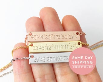 Coordinate Necklace Rose Gold Bar Necklace Custom Coordinate Jewelry Custom Hand Stamped Custom Name necklace - 4N