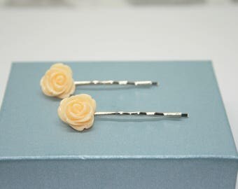 Peach Hair Pins, Flower Girl Gift, Rose Bobby Pins, Rose Hair Grips, Kirby Grip, Hair Accessories, Floral Accessories, Summer Hair