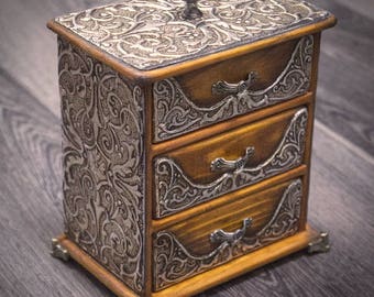 Chest of drawers/Jewelry box wood/Jewelry box drawer/Jewelry storage/Embossed box/Repujado/ Metal embossing/Jewelry organizer