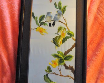 Vintage Japanese Silk Embroidery of Birds in Tree Framed