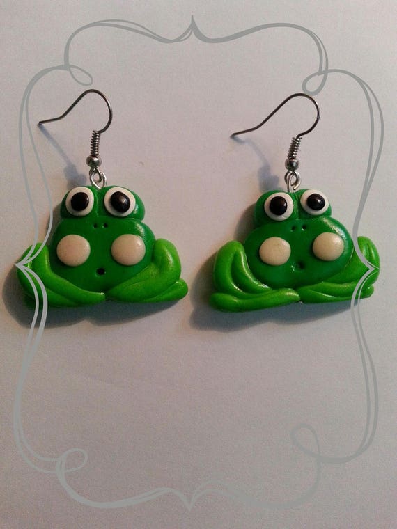 Earrings in polymer clay Cute Green Frog