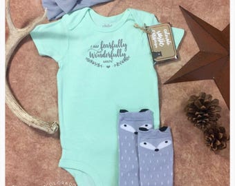 I Am Fearfully and Wonderfully Made Onesie with Fox Socks