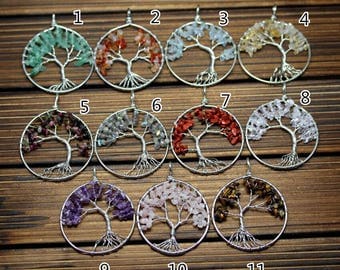 11 Stones choice,3pcs 50mm Tree of Life Wire Wrapped Chip Beads Silver Plated Copper Pendants Nugget Stones Round Circle Charms Necklace