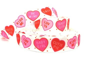Valentines Ribbon, Valentines Day Ribbon, Valentines Grosgrain, heart ribbon, heart grosgrain, candy heart ribbon, heart holiday ribbon