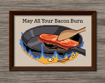 Calcifer - "May All Your Bacon Burn" - PDF Cross Stitch Pattern - Inspired by Miyazaki's film, "Howl's Moving Castle"