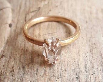 Solid 14K Yellow Gold Herkimer Diamond Engagement Ring - Quartz Crystal Ring - Gold Engagement Ring - Raw Quartz Ring - Raw Crystal Ring