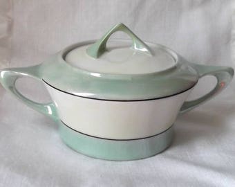 Just Listed...MEITO China...LUSTERWARE...2 Handle SUGAR Bowl....Lt Green & Ivory...Hand Painted...Art Deco Design