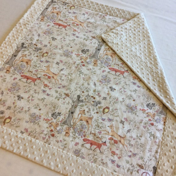 Minky Baby Blanket.Beautiful Woodland Cotton front, backed and edged with cream dimple minky. Gender Neutral, can be Customized. Size 30x30