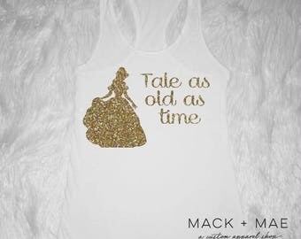 Belle Beauty & The Beast Inspired Glitter Tank, Infant Toddler Girls or Women's Tank Disney World Land Vacation Tank Tale As Old As Time