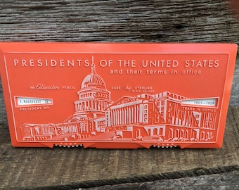 Vintage 1963 Pencil Case By Sterling, Lists Presidents of the United States Ends 1963, Educator Presidents, Educational School Supplies
