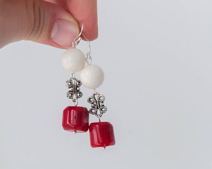 Red coral earrings, White coral earrings, Cube earrings, Cube dangle earrings, Coral dangle earrings, Earrings coral