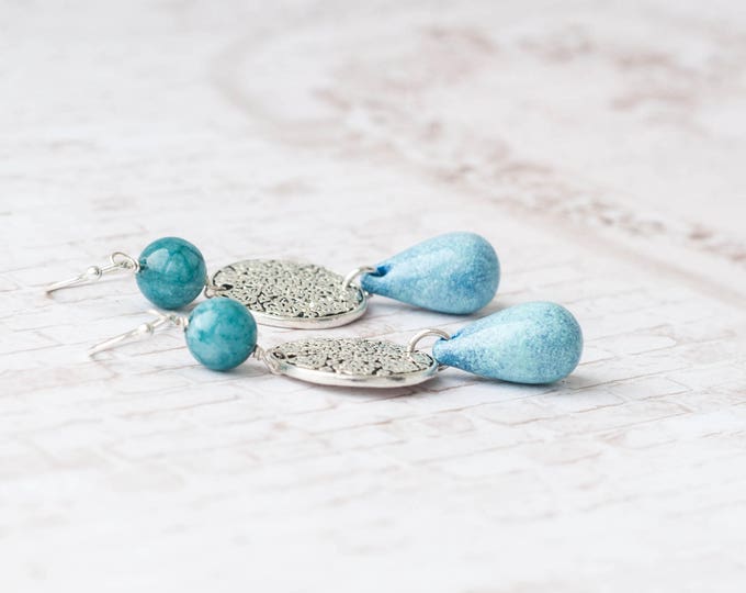 Blue stone earrings, Blue statement earrings, Blue drop earrings, Mandala earrings, Ocean blue earrings, Silver disk earrings