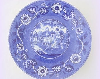 Set of Four Vintage Société Ceramique Maestricht 'Tea Drinker' Breakfast Plates, Blue Transfer Ware, Tea Drinking Couple and Flower Decor