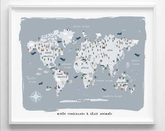 Kids Room World Map Wall Art Printable - Continents of the World Map - Nursery Map Art Print - Cute Illustrated Wall Map of the World