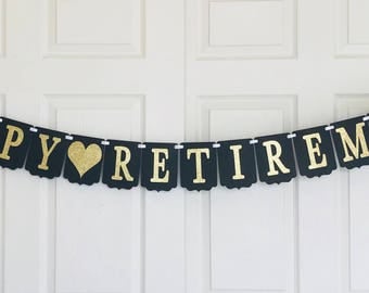 Happy Retirement Banner- Retirement party decoration- Black and gold banner- Glitter Retirement banner