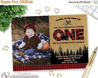 OFF SALE LUMBERJACK Photo Invitation, Lumberjack First Birthday Invitation, Lumber Jack, Forest, Wood, Plaid, Wilderness, First Birthday, Pr