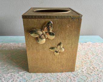 Gold Stylebuilt tissue box cover Butterfly Hollywood regency kleenex cover 1970s gold metal bathroom decor