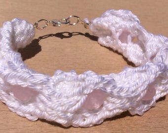 Hand knitted beaded bracelet - white with pink beads