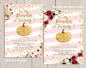 pink gold pumpkin first birthday invitation, our little pumpkin is turning one, pink sweet pumpkin invite, fall pink and gold invitation